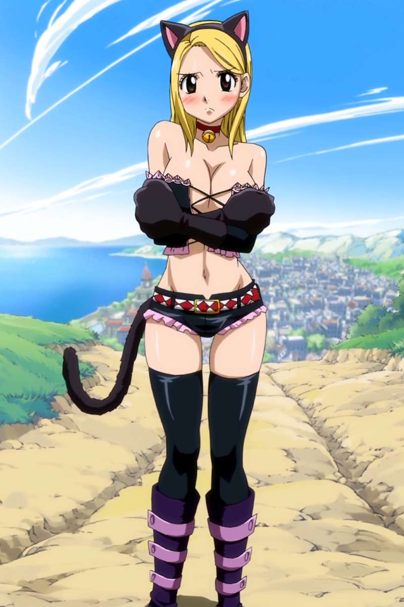 1girl animal_ears areola areola_slip bare_shoulders bell big_breasts blonde_hair blush boots breasts brown_eyes cat_ears catgirl center_opening cleavage fairy_tail highres hotpants huge_breasts large_breasts long_hair lucy_heartfilia midriff nipple_slip nipples no_bra rudo short_shorts shorts smile solo stitched tattoo thighhighs unzipped wristband zipper