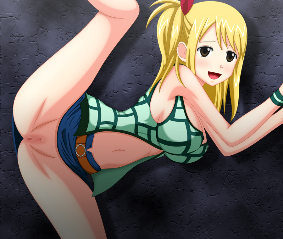 1girl areola areola_slip bare_shoulders big_breasts blonde_hair blush breasts brown_eyes censored center_opening cleavage fairy_tail female huge_breasts large_breasts lucy_heartfilia nipple_slip nipples no_bra pussy rudo skirt smile solo spread_legs tattoo unzipped wristband zipper