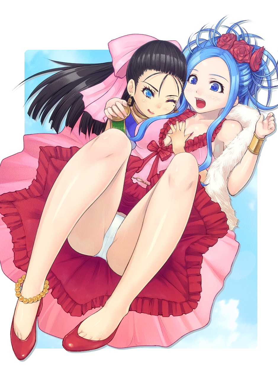 2_girls :q anklet big_breasts black_hair blue_eyes blue_hair blush boots bow bracelet breasts choker cleavage cloud cosplay costume_switch deborah_(cosplay) deborah_(dragon_quest) dragon_quest dragon_quest_v dress earrings flora_(cosplay) flora_(dq5) flora_(dragon_quest) flora_ludman flower gloves green_eyes hair_bow hair_flower hair_ornament half_updo hand_on_another's_chest hand_on_chest hand_on_shoulder highres jewelry legs lipstick long_hair mahito makeup mole multiple_girls nera_briscoletti nipples one_eye_closed panties pink_bow purple_eyes red_eyes red_rose ribbon rose roses siblings sisters sky smile square_enix surprised_arms tongue tongue_out underwear wink