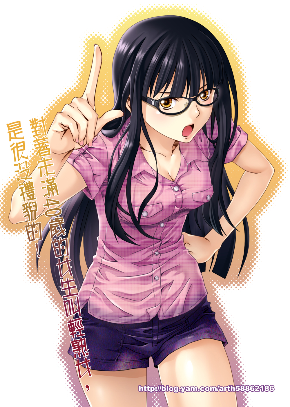 1girl :o black-framed_glasses black_hair blush breasts chinese cleavage collarbone denim denim_shorts dress_shirt fingernails ge_xi glasses hand_on_hip high_res highres hips looking_at_viewer nail_polish open_mouth original playboy shiny shiny_skin shirt short_shorts shorts solo translation_request unmoving_pattern watermark web_address yellow_eyes