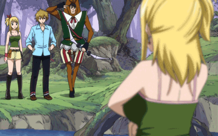2boys 2girls animated animated_gif bare_shoulders big_breasts blonde_hair bouncing_breasts breasts brown_eyes center_opening doppelganger fairy_tail flashing gif long_hair lowres lucy_heartfilia multiple_boys multiple_girls no_bra rudo shirt_lift side_ponytail sideboob tank_top tattoo wristband
