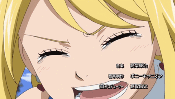1girl animated animated_gif areola areola_slip bare_shoulders big_breasts blonde_hair blush breasts brown_eyes center_opening cleavage fairy_tail gif huge_breasts loke_(fairy_tail) lowres lucy_heartfilia nipple_slip nipples no_bra rudo screencap smile solo spirit tattoo unzipped wendy_marvell wristband zipper