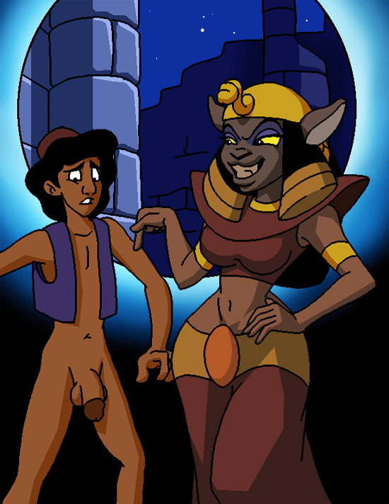 1female 1male aladdin aladdin_(series) anthro black_hair bottomless cat clothed clothing dboy disney feline female flaccid grin hair half-dressed human male mirage_(aladdin) navel penis smile testicles yellow_sclera