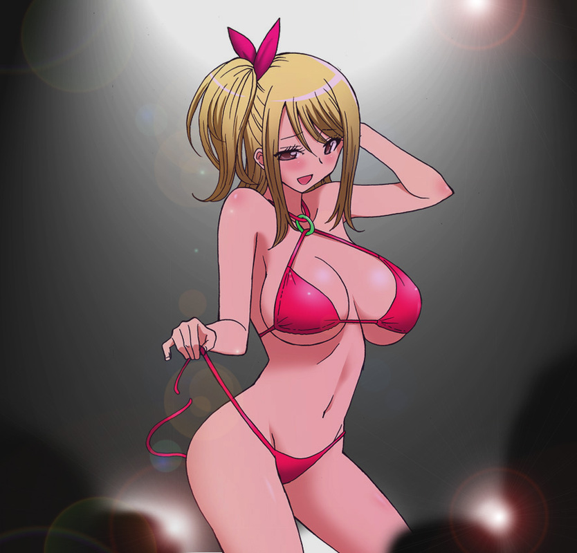1girl bad_id bare_shoulders big_breasts bikini blonde_hair blush breasts brown_eyes center_opening cleavage contrapposto curvy fairy_tail female female_only indoors large_breasts lens_flare lucy_heartfilia marugoshi_teppei md5_mismatch naughty_face open_mouth rudo short_hair side-tie_bikini side_ponytail smile solo standing stripper striptease swimsuit tsuge_(pixiv) underboob undressing