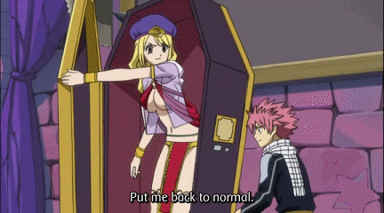 1boy 1girl bare_shoulders big_breasts blonde_hair blush bodysuit breasts brown_eyes bunny_girl bunnysuit center_opening cleavage cosplay cosplaying fairy_tail gif heart innertube japanese_clothes kimono laughing lowres lucy_heartfilia natsu_dragneel nipple_slip nipples no_bra o.o o_o red_hair rudo smile solo subtitled swimsuit tattoo wristband yukata zipper