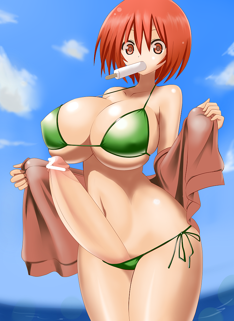 Xbooru - 1girl a 08 vanquish bad id bikini breasts censored cleavage food  futanari huge breasts large penis original original character penis  popsicle red eyes red hair short hair solo swimsuit | 261051