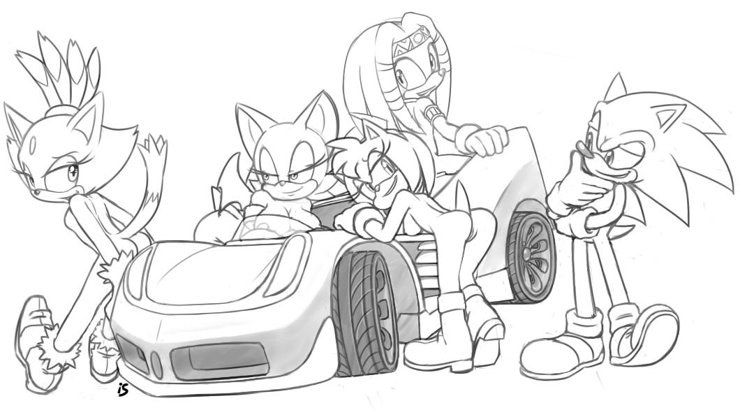 amy_rose ass bat_wings black_and_white blaze_the_cat breasts car english_text feather feathers female hat hats headband hedgehog is is_(artist) jewelry male monochrome nude open_mouth pussy rouge_the_bat sega sonic_*(series) sonic_all_stars_racing_transformed sonic_the_hedgehog sonic_the_hedgehog_(series) sports_car teeth text tikal_the_echidna tooth wings