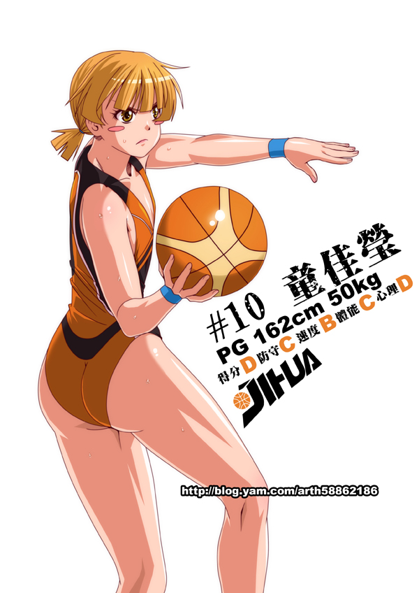 1girl ass basketball basketball_uniform blonde_hair blush blush_stickers breasts character_name cleavage flat_chest frown ge_xi holding leotard measurements original short_hair short_twintails simple_background small_breasts solo sportswear twin_tails twintails watermark web_address white_background yellow_eyes