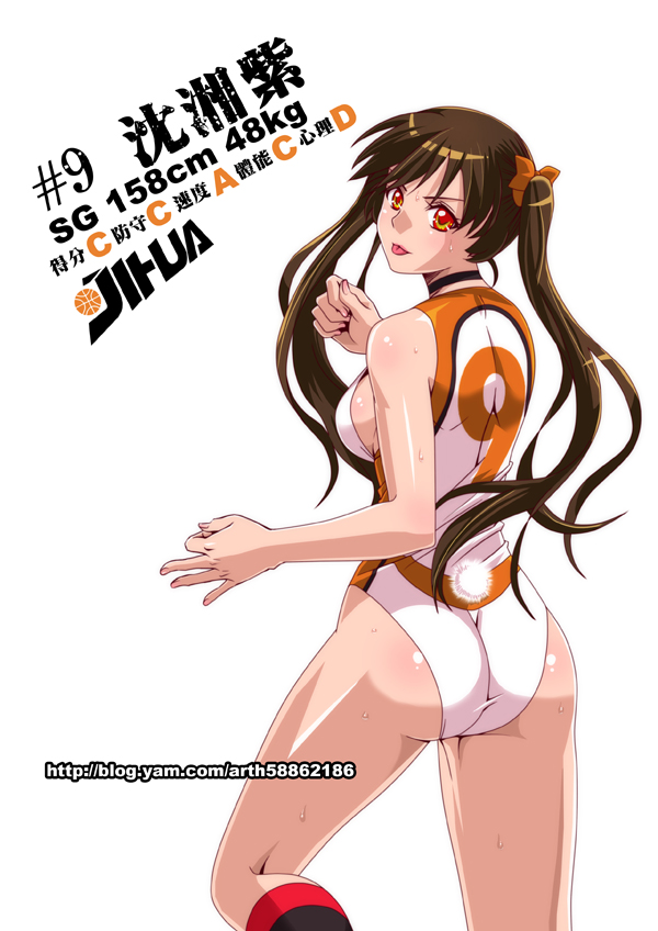 1girl :p ass basketball_uniform blush breasts brown_hair character_name cleavage from_behind ge_xi hair_ribbon leotard long_hair looking_back measurements original ribbon sideboob simple_background smile solo sportswear tongue tongue_out twin_tails twintails watermark web_address white_background xiang-zi_shen_(ge_xi) yellow_eyes