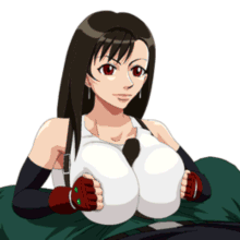 1girl animated animated_gif barret_wallace bbc big_breasts breasts brown_hair earrings elbow_gloves final_fantasy final_fantasy_vii fingerless_gloves gif gloves huge_breasts interracial jewelry large_breasts long_hair lowres necrolust paizuri penis red_eyes shirt suspenders tank_top taut_clothes taut_shirt tifa_lockhart white_background