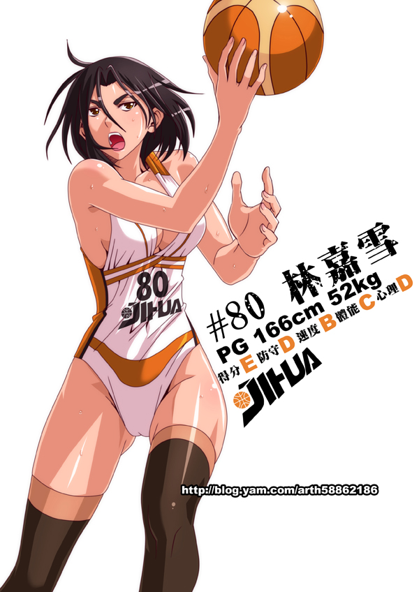1girl basketball basketball_uniform big_breasts black_legwear blush breasts brown_eyes brown_hair character_name cleavage ge_xi holding large_breasts leotard measurements open_mouth original short_hair simple_background solo sportswear stockings thighhighs watermark web_address white_background