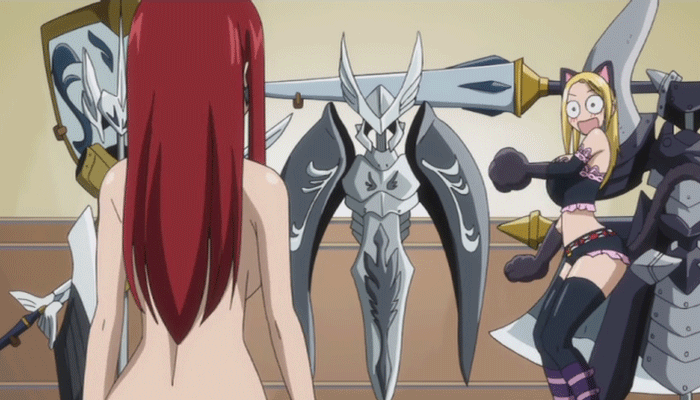 2_girls 2girls animal_ears animated animated_gif bare_shoulders big_breasts blonde_hair blush breasts brown_eyes buckle cat_ears cat_girl cat_tail catgirl center_opening cleavage erza_scarlet fairy_tail female female_only gif hair hands_on_knees long_hair looking_back lucy_heartfilia multiple_girls navel no_bra nude red_hair rudo shorts smile standing surprise surprised tail thighhighs undressing warped_context wristband