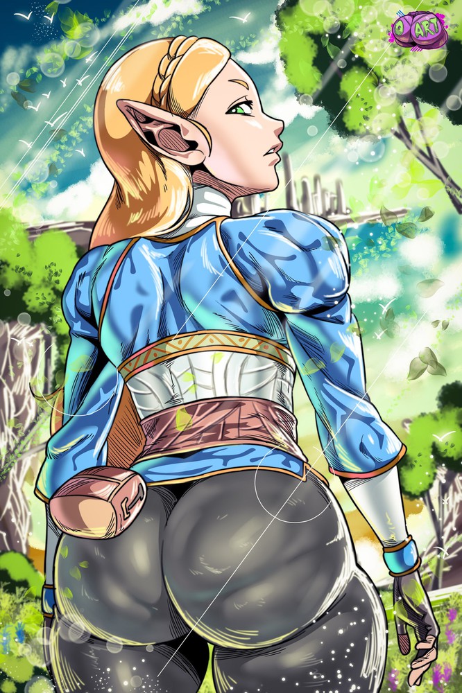 1boy 1girl 1girl ass blonde_hair breath_of_the_wild clothed_female clothing_skin curvy d-art dat_ass favorite female_focus female_only from_behind green_eyes huge_ass long_hair looking_back outdoor pants princess_zelda solo_female solo_focus teen the_legend_of_zelda thick_thighs tight_clothes video_game_character video_game_franchise zelda_(breath_of_the_wild)