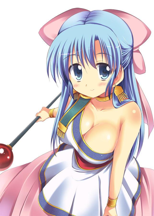 1girl akane_souichi bare_shoulders big_breasts blue_eyes blue_hair blush boots bow bracelet breasts cleavage dragon_quest dragon_quest_v dress earrings flora gloves green_eyes hair_bow half_updo jewelry large_breasts long_hair nipples pink_bow ribbon simple_background smile solo staff white_background