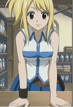 1girl animated animated_gif anime bare_shoulders big_breasts blonde_hair blush bouncing_breasts bracelet breasts brown_eyes center_opening cleavage fairy_tail female female_only gif large_breasts lowres lucy_heartfilia rudo screencap solo wristband zipper