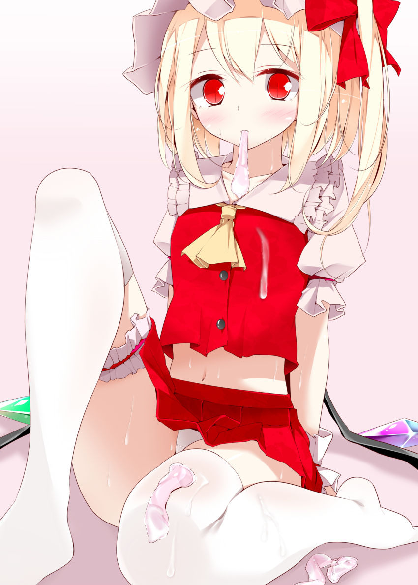 1girl absurd_res arm_support ascot blush condom condom_in_mouth cum cum_on_body flandre_scarlet hat high_res looking_at_viewer midriff mouth_hold navel oouso_(usotsukiya) panties pantyshot red_eyes scan side_ponytail sitting skirt skirt_set slit_pupils solo stockings touhou underwear used_condom white_legwear white_panties wings