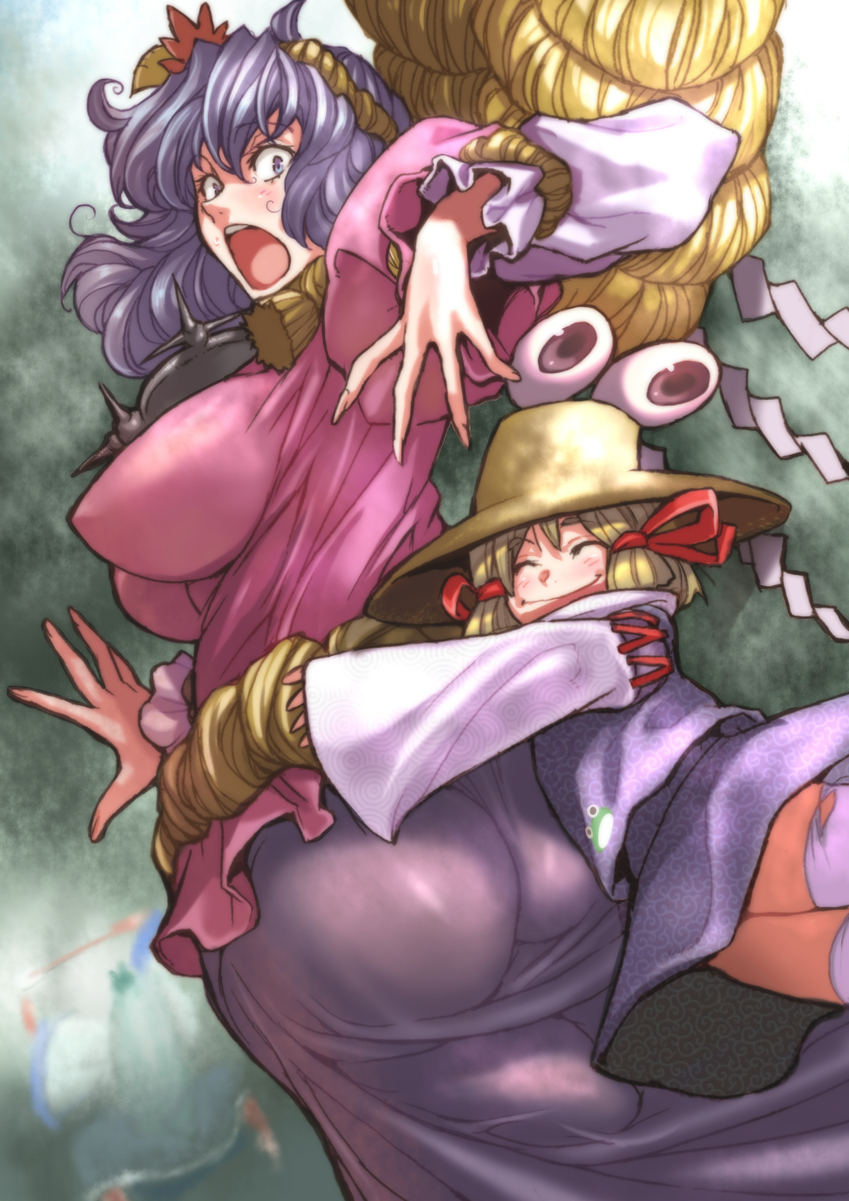 &gt;:( 2girls 3girls ^_^ absurd_res angry arm_up ass big_hair blonde_hair blue_eyes blue_hair blush breasts butt_crack closed_eyes erect_nipples forest from_behind from_below glomp green_hair hair hair_ornament hair_ribbon hat headgear height_difference high_res hug_from_behind huge_ass huge_breasts hugging impossible_clothes impossible_shirt itagayui kochiya_sanae long_hair long_skirt looking_back moriya_suwako multiple_girls nature open_mouth outside purple_hair ribbon rope shide shimenawa shirt skirt sleeves_past_wrists smile stockings surprised touhou vest warainaku wavy_hair wedgie wide_sleeves yasaka_kanako zettai_ryouiki