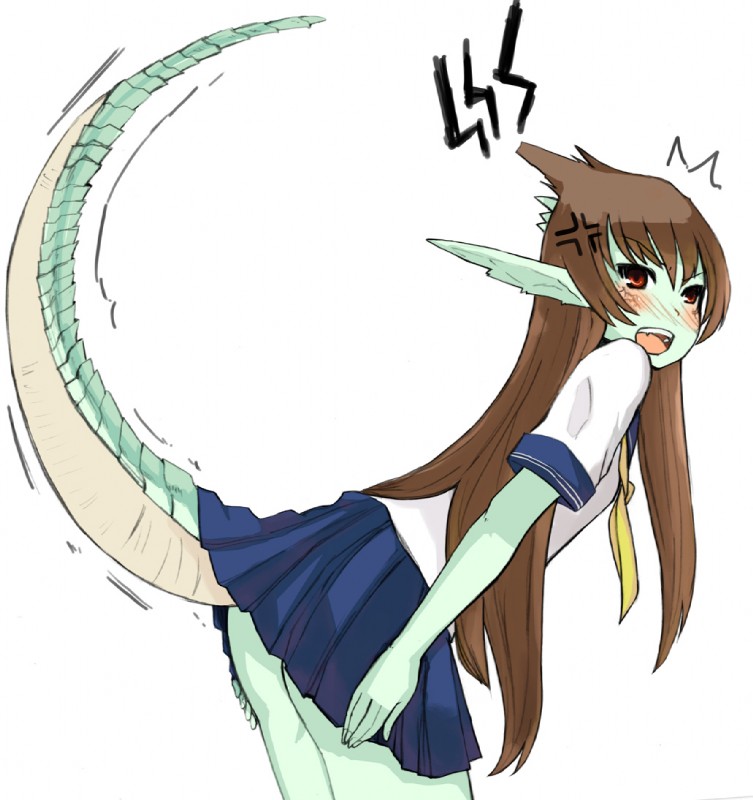 1girl anger_vein annoyed ass blush brown_hair cute dragon_girl dragon_tail embarrassed embarrassing fangs female female_only flat_chested green_skin hair hinsi leaning_forward lizard long_hair monster_girl neck_tie open_mouth original plain_background pleated_skirt pointy_ears red_eyes ryujin_senpai scales scalie school_uniform schoolgirl skimpy skirt small_breasts solo upskirt white_background