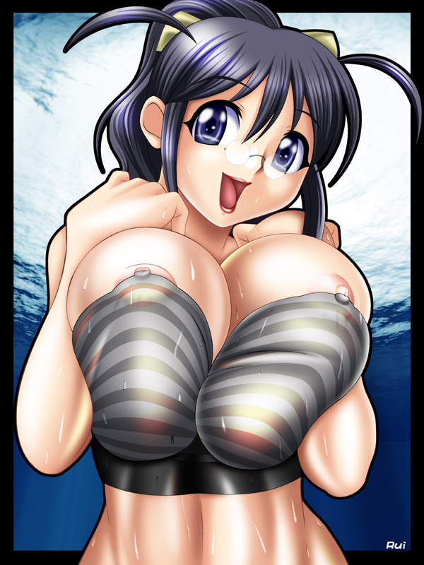 1girl :d areola_slip areolae artist_name bangs black_hair blue_eyes border breast_squeeze breasts cleavage erect_nipples glasses hair_ribbon happy head_tilt high_ponytail hinata_aki hips huge_breasts impossible_clothes keroro_gunsou lipstick looking_at_viewer makeup milf nipple_slip nipples open_mouth photo_background pichipichi_garou_r pichipichi_r pince-nez ponytail red_lipstick ribbon rimless_glasses rui_(pichipichi_garou_r) sidelocks smile solo strapless striped tubetop twisty_boobs two_side_up upper_body water wet