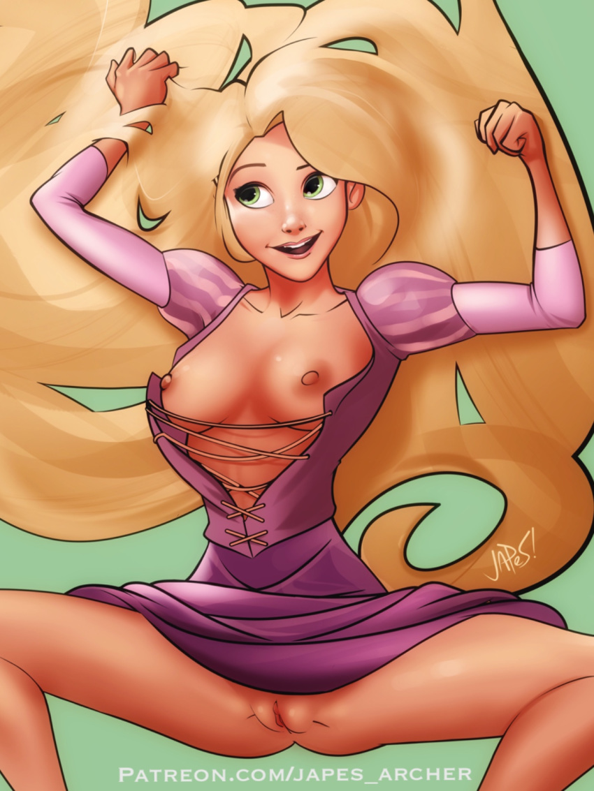 1girl areola blonde_hair breasts clothing disney disney_princess dress exposed_breasts exposed_pussy female_only green_eyes hair japes long_hair nipples princess pussy rapunzel tangled