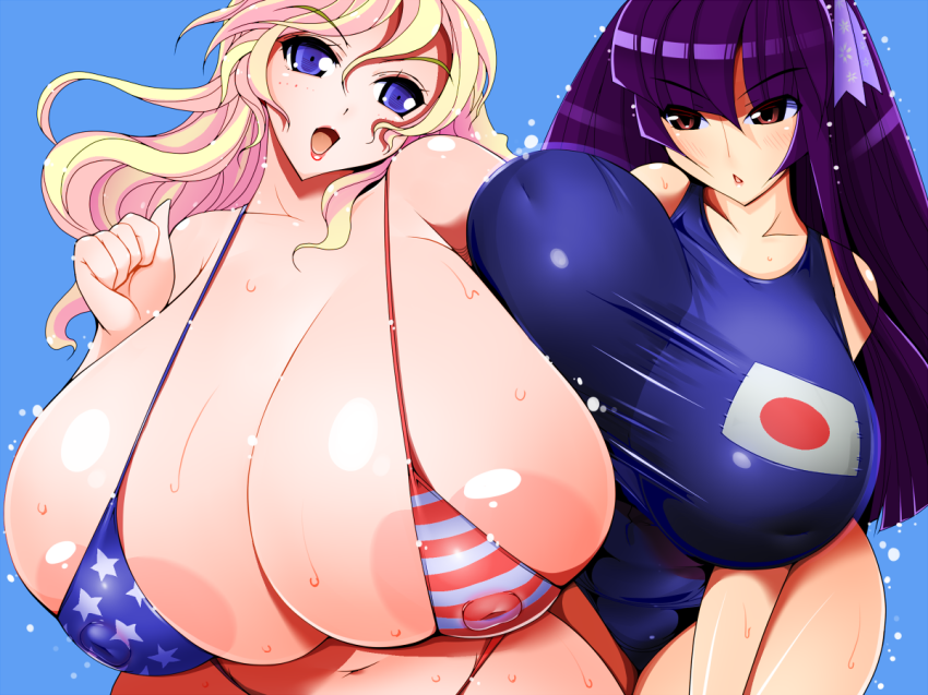 2girls amano_taiki american_flag american_flag_bikini areola bare_shoulders bikini blonde_hair blue_eyes blush breast_press breasts brown_eyes cleavage flag_print gigantic_breasts hair huge_areolae japanese_flag long_hair midriff multiple_girls navel nipples one-piece_swimsuit open_mouth purple_hair red_eyes see-through swimsuit thick_thighs wet wide_hips