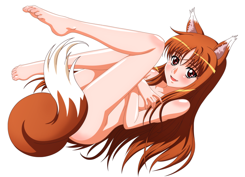 1girl animal_ears barefoot blush breast_hold breasts covering covering_breasts fang feet high_res holo long_hair nude red_eyes smile solo spice_and_wolf tail toes vector_trace very_long_hair