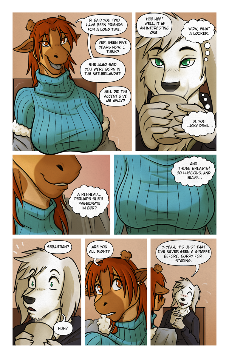 amber_eyes anthro ass big_ass big_breasts blush breasts canine chair close-up coffee_meet comic cup dialog distracted dog drinking duo ear_piercing embarrased female food full_color furry giraffe green_eyes hair high_res hoodie kadath male open_mouth penis piercing pussy puzzle_(kadath) red_hair saluki sebastian_(kadath) sex sitting sweater teeth text tongue turtleneck white_fur