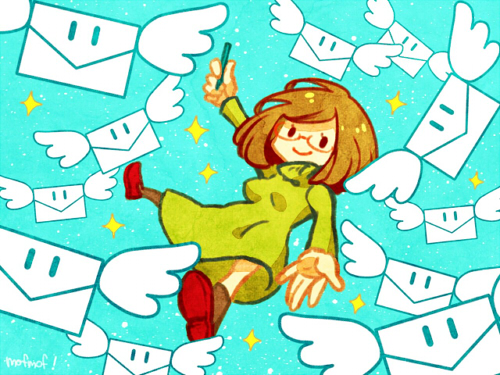 1girl aqua_background bad_id blue_background bob_cut brown_hair closed_mouth dress envelope eyes glasses green_dress green_shirt long_sleeves looking_at_viewer lowres nikki_(swapnote) nintendo outstretched_hand red-framed_glasses shirt short_hair simple_background smile solo sparkle swapnote turtleneck wings yubune