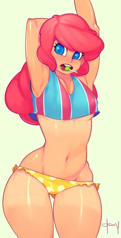 1girl armpits arms_up belly bikini blue_eyes breasts candy doxy freckles friendship_is_magic gluteal_fold hair humanized lollipop long_hair lowleg lowleg_bikini midriff mouth_hold my_little_pony narrow_waist navel pink_hair pinkie_pie signature simple_background solo swimsuit tan tan_line tankini thick_thighs thigh_gap thighs underboob wide_hips