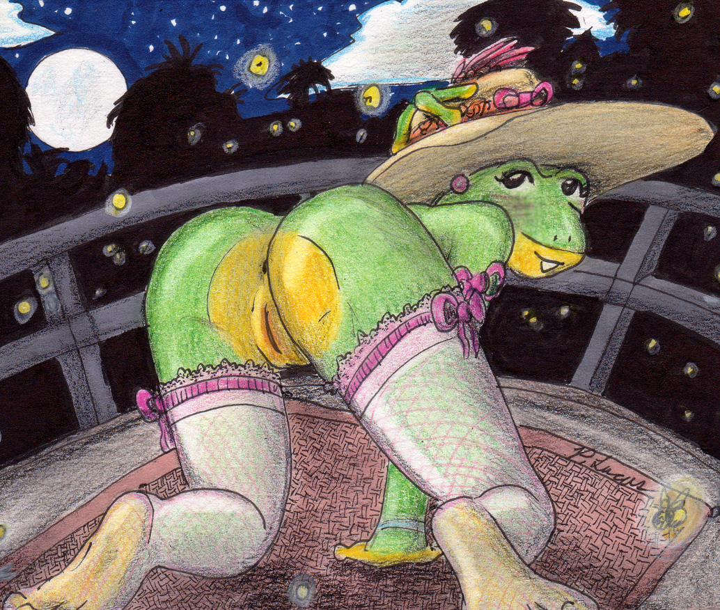 amphibian anthro anus ass bent_over black_eyes blush ear_piercing earrings female fireflies firefly frog full_moon hat insect jewelry looking_back moon night nude paul-lucas_(artist) piercings pussy smile solo stockings