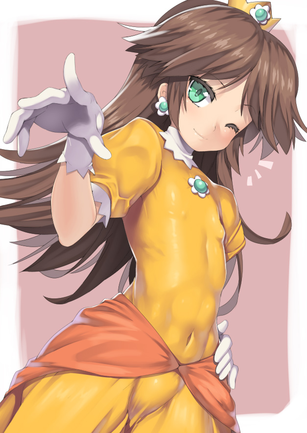 1girl ;) abs androgynous belly blush brown_hair clothed_navel covered_navel covered_nipples crown dress earrings erect_nipples female flat_chest gloves green_eyes hair hand_on_hip jewelry long_hair looking_at_viewer midriff nagase_haruhito navel nintendo one_eye_closed princess princess_daisy skin_tight small_breasts smile solo standing super_mario_bros. super_mario_land toned white_gloves wink