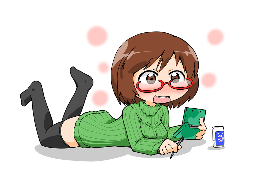 1girl brown_eyes brown_hair glasses green_shirt hajimu_orbital handheld_game_console lying nikki_(swapnote) nintendo_3ds on_stomach open_mouth red-framed_glasses ribbed_sweater shirt short_hair smile solo stockings stylus swapnote sweater thighhighs turtleneck zettai_ryouiki