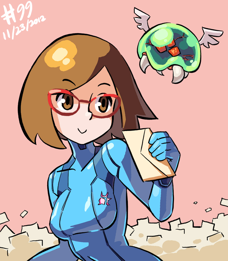 ! 1girl 2012 alien big_breasts bob_cut bodysuit breasts brown_eyes brown_hair clothed_navel cosplay crossover dated drawfag glasses junkpuyo large_breasts letter metroid metroid_(creature) navel nikki_(swapnote) nintendo pink_background red-framed_glasses samus_aran samus_aran_(cosplay) short_hair simple_background skin_tight smile solo swapnote wings zero_suit