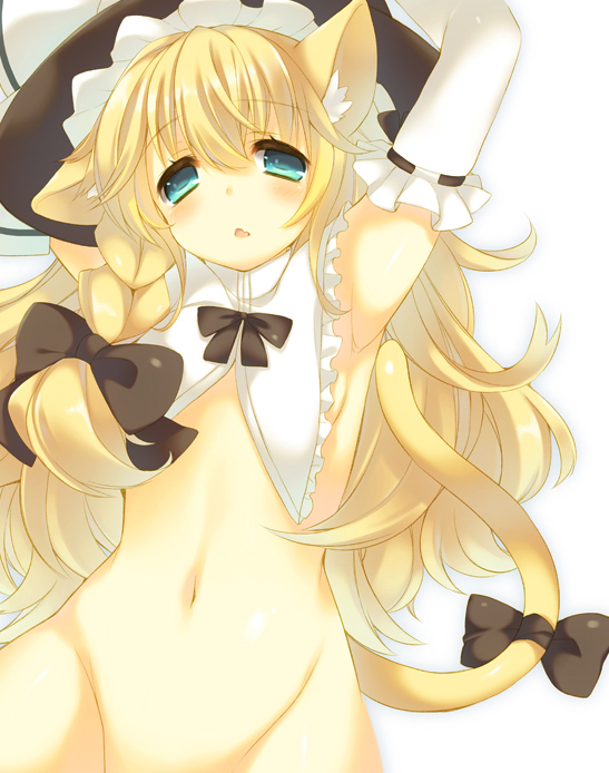 1girl animal_ears armpits bad_id blonde_hair blue_eyes bottomless bow braid cat_ears cat_tail enomoto_hina fang female hat hat_bow kemonomimi_mode kirisame_marisa long_hair navel nude out-of-frame_censoring revision ribbon single_braid solo tail touhou