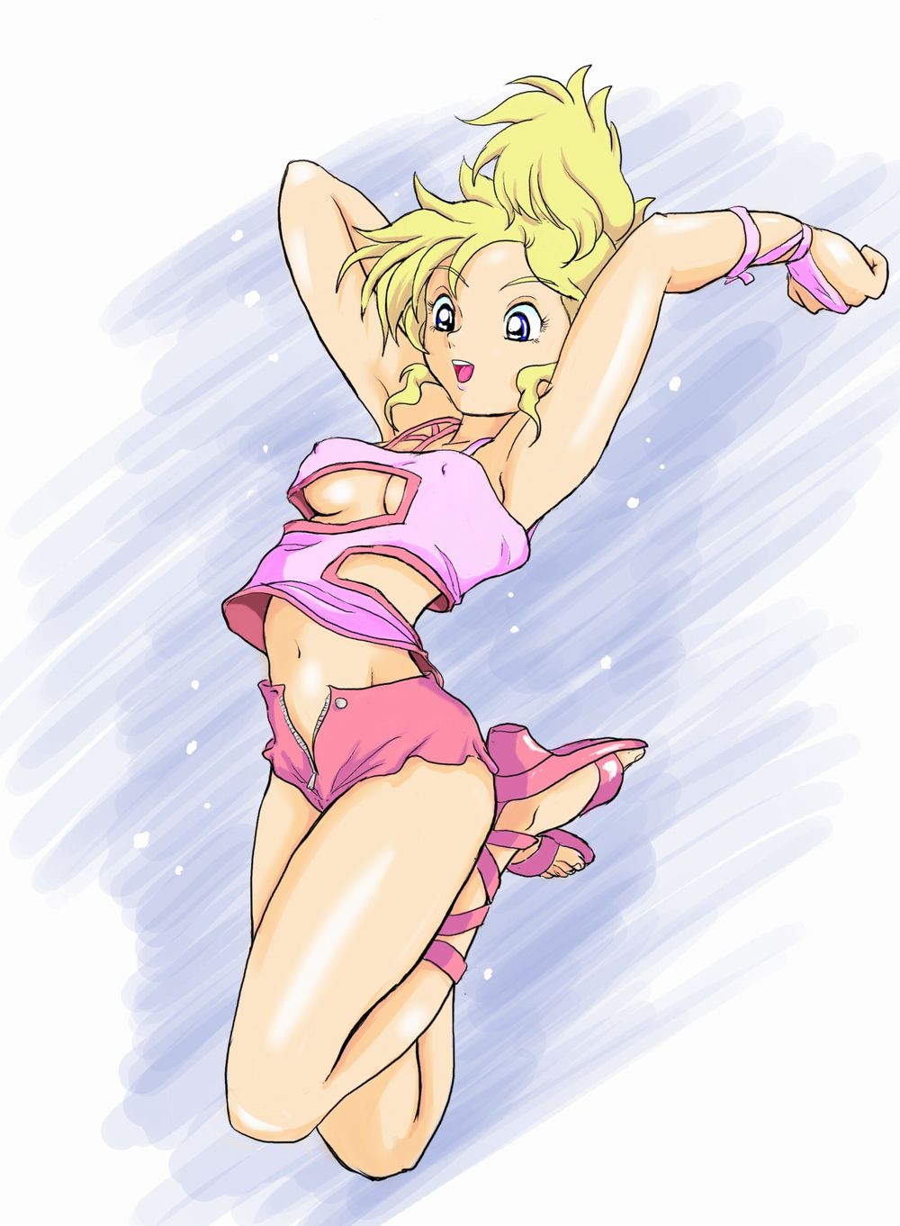 1girl armpits arms_up blonde_hair blue_eyes breasts cleavage cleavage_cutout cross-laced_footwear elle_vianno gundam gundam_zz high_res highres jumping mattjef navel open_fly open_mouth sandals short_shorts shorts solo tof underboob unzipped zipper
