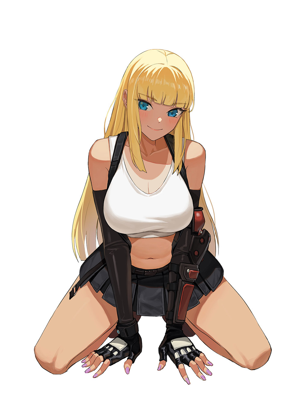 1girl alluring arm_guards arm_warmers bangs bare_legs belt between_legs big_breasts black_gloves black_skirt blunt_bangs blush breasts cleavage closed_mouth collarbone commentary commission cosplay crop_top elbow_pads english_commentary eyebrows_visible_through_hair final_fantasy final_fantasy_vii fingerless_gloves full_body gloves hand_between_legs high_res jason_kim jasonkim kneel lips long_hair looking_at_viewer midriff miniskirt nail_polish pleated_skirt purple_nails simple_background skirt smile square_enix straight_hair tank_top thighs tifa_lockhart tifa_lockhart_(cosplay) voluptuous white_background white_tank_top