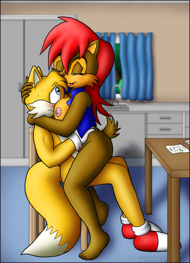 big_breasts blue_eyes blush breasts canine cowgirl_position female fox furry hair knownvortex male miles_"tails"_prower miles_prower multiple_tails nipples penetration red_hair riding sally_acorn sega sex shoes sonic_(series) tail vest