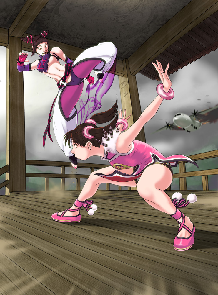 airplane baggy_pants bangle barefoot battle bracelet breasts brown_eyes brown_hair capcom china_dress chinese_clothes crazy_eyes crossover daniel_macgregor dress drill_hair dust_cloud fighting_stance fingerless_gloves gloves halter_top halterneck jewelry juri_han licking_lips ling_xiaoyu midriff multiple_girls nail_polish navel pants pantyhose purple_eyes purple_legwear scrunchie short_twintails spiked_bracelet spiked_hair spikes street_fighter street_fighter_iv street_fighter_x_tekken super_street_fighter_iv tekken toeless_socks toenail_polish tongue tongue_out twin_drills twintails