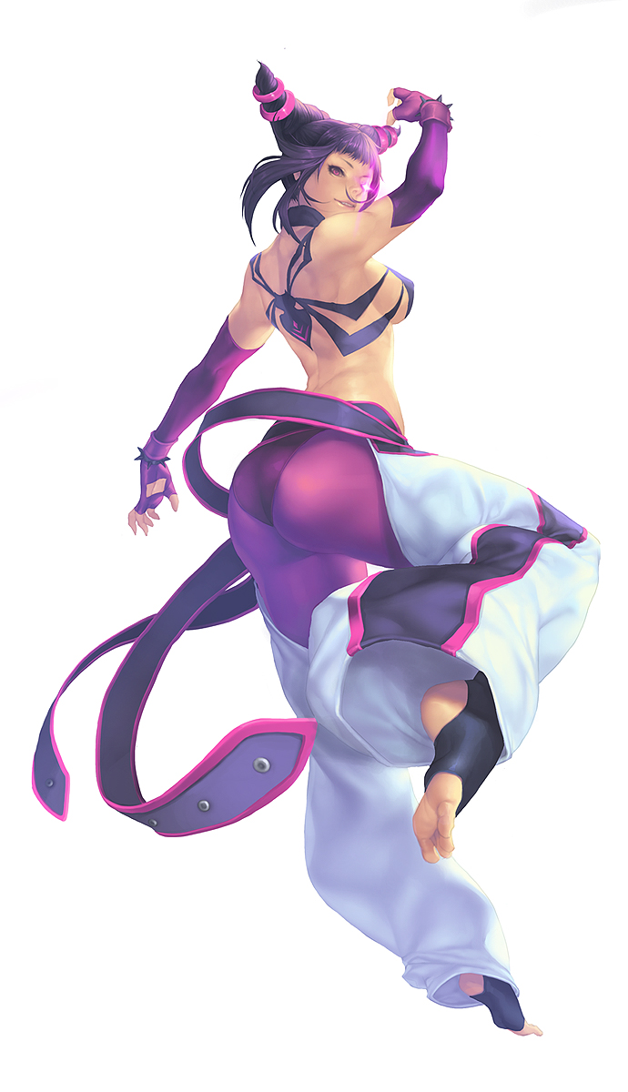 ass back bare_shoulders barefoot belt black_hair breasts cacao capcom detached_sleeves drill_hair elbow_gloves erect_nipples feet fingerless_gloves gloves glowing glowing_eye halter_top halterneck han_juri highres looking_back love_cacao purple_eyes short_hair sideboob simple_background soles solo spikes street_fighter street_fighter_iv super_street_fighter_iv toeless_socks toes toned twin_drills violet_eyes white_background