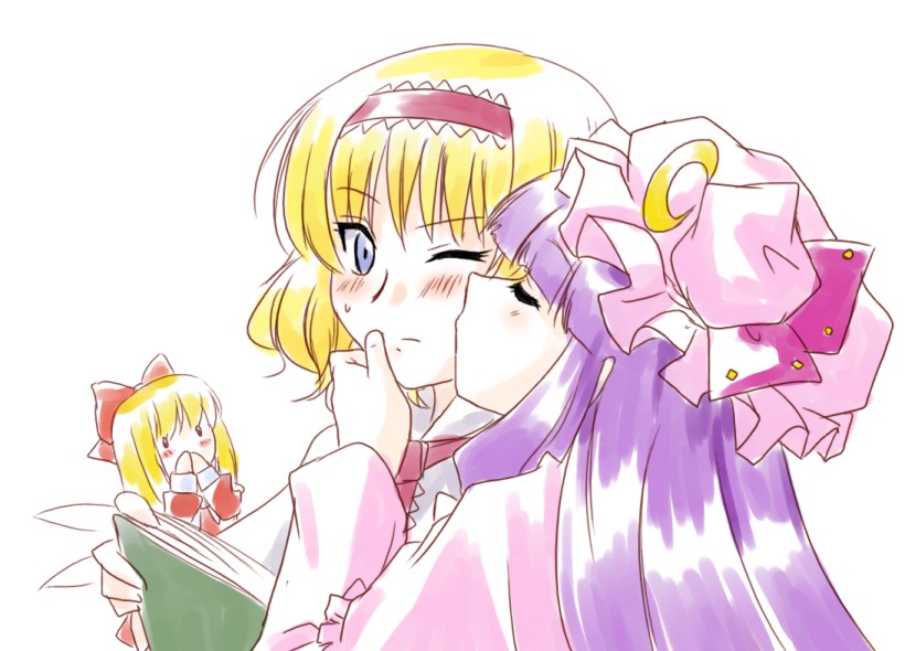 2girls alice_margatroid art blonde blonde_hair blue_eyes blush book cheek_kiss closed_eyes female hair hair_ribbon hairband hand_on_another's_face hand_on_face hat headgear kiss kissing long_hair long_sleeves looking_at_another love multiple_girls open_book patchouli_knowledge purple_hair ribbon shanghai_doll shiny shiny_hair short_hair simple_background supon sweat touhou white_background wince yuri