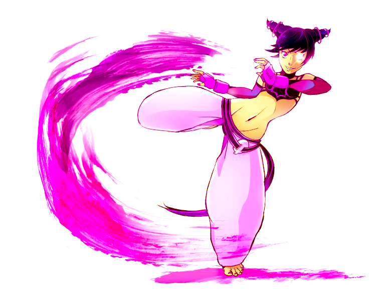 barefoot black_hair breasts capcom detached_sleeves drill_hair elbow_gloves feet fighting_stance fingerless_gloves gloves glowing glowing_eye halter_top halterneck juri_han midriff nail_polish navel pink_eyes purple_nails short_hair short_twintails smile solo street_fighter street_fighter_iv toeless_socks toes twin_drills twintails