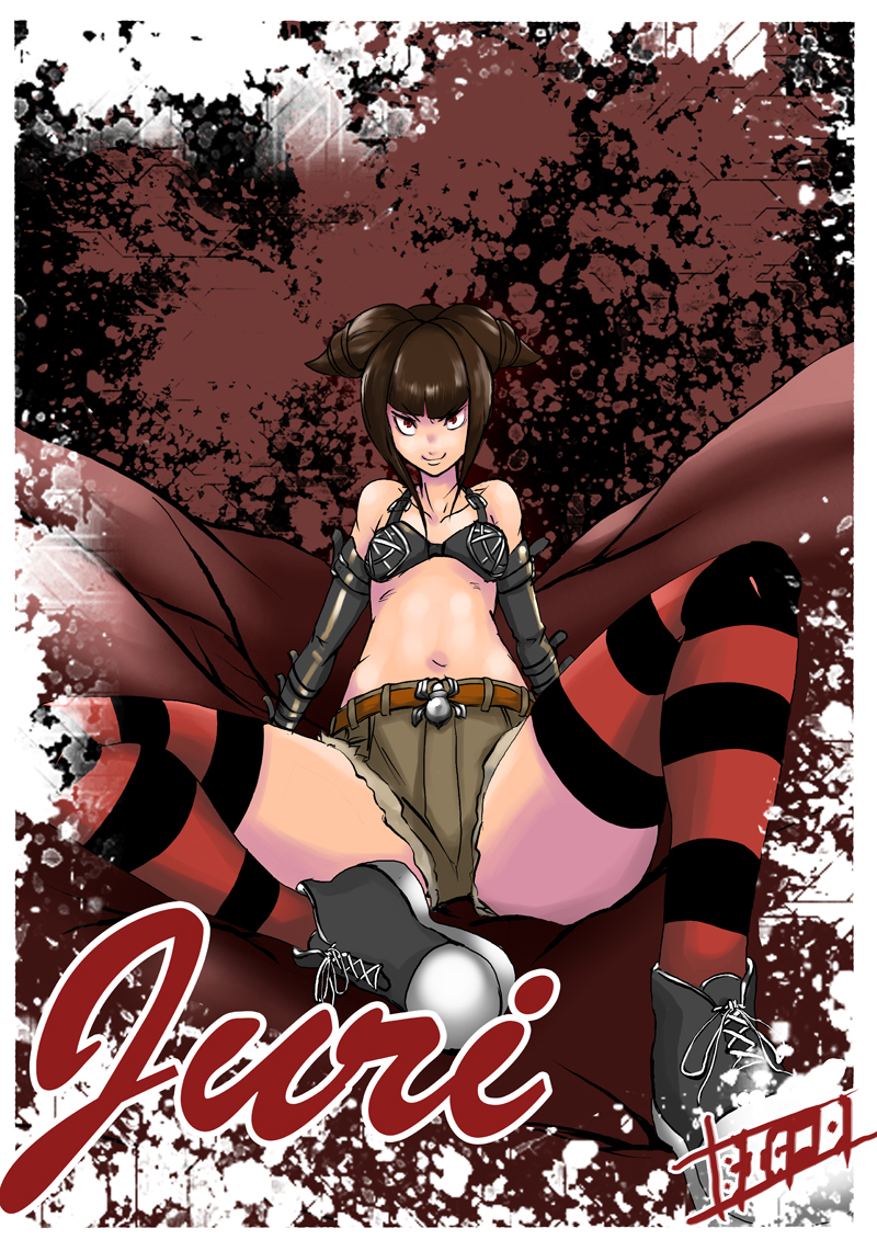 1girl alternate_costume belt belt_buckle big-d bikini_top buckle capcom cutoffs detached_sleeves elbow_gloves gloves han_juri latex leather pointy_hair punk red_eyes red_legwear shoes short_hair short_shorts shorts small_breasts smile sneakers solo spider spread_legs street_fighter street_fighter_iv striped striped_legwear super_street_fighter_iv thighhighs twintails