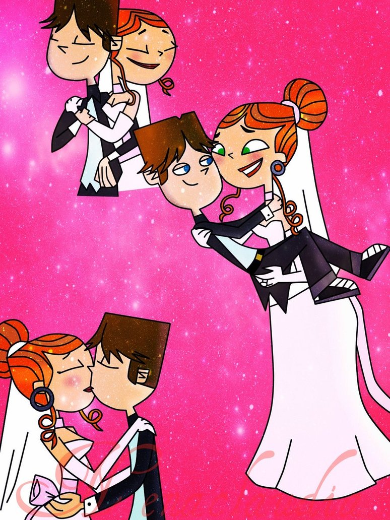 blue_eyes blush breasts brown_hair cartoon_network closed_eyes cody_(tdi) curly_hair green_eyes hourglass_figure izzy_(tdi) orange_hair pink_background thick_ass thick_legs thick_thighs total_drama_island wedding_dress