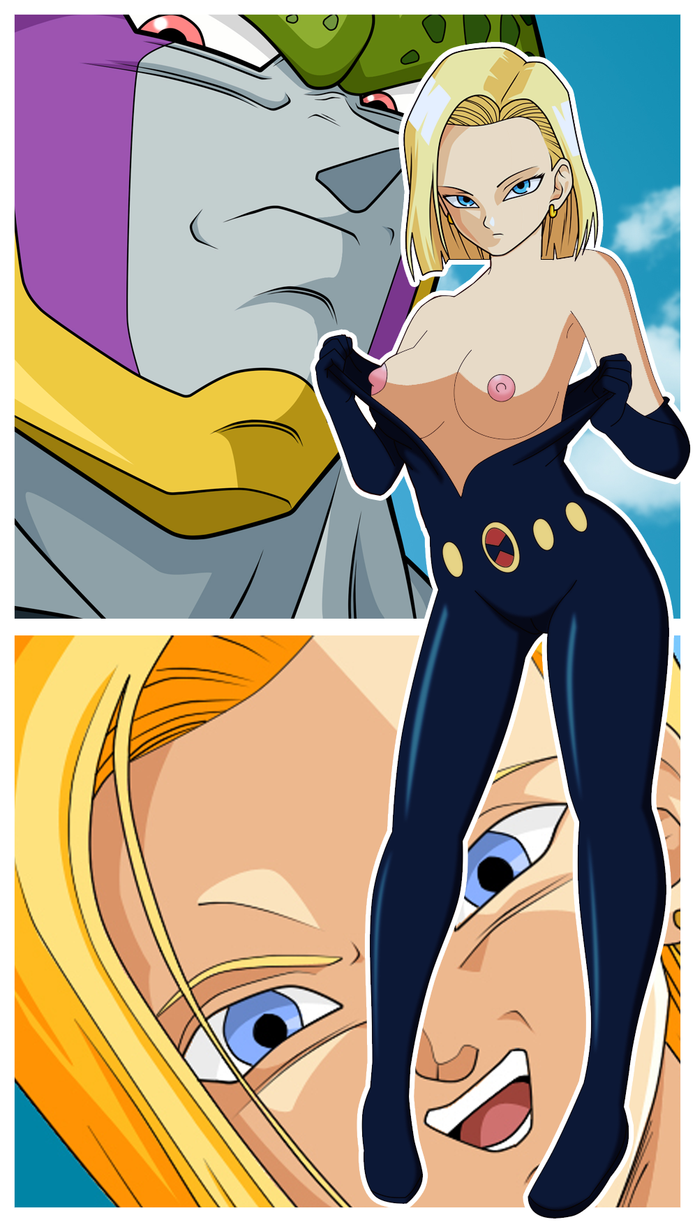 1girl android_18 angry areolae avengers bare_shoulders black_catsuit black_widow black_widow_(cosplay) blonde_hair blue_eyes breasts catsuit cell_(dragon_ball) cloud clouds cosplay dragon_ball dragon_ball_z earrings elbow_gloves feet gloves hair highres jewelry legs looking_at_viewer marvel marvel_comics natasha_romanoff nipples no_bra open_catsuit open_clothes open_mouth red_eyes serious short_hair sky standing thighs undressing