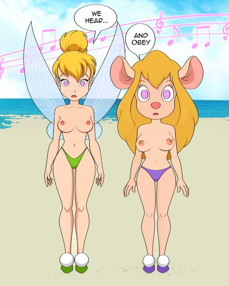 2_girls 2girls beach bikini_bottom bikini_top_removed blonde_hair breasts chip_'n_dale_rescue_rangers crossover fairy fairy_wings female female_only gadget_hackwrench mouse_ears panties peter_pan red_hair standing tinker_bell topless wings