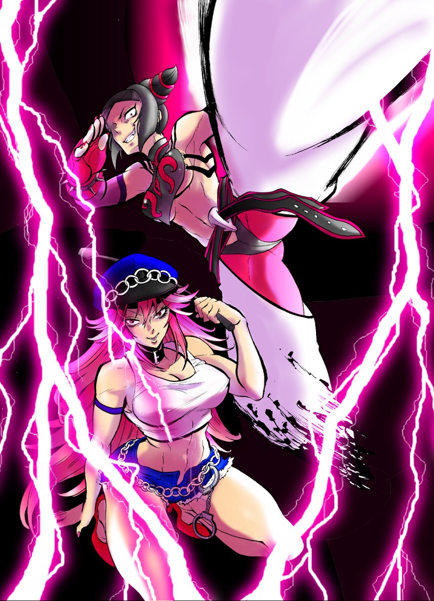 2girls bad_id bare_shoulders black_hair blue_shorts bracelet breasts capcom cleavage crop_top cuffs cutoffs denim denim_shorts detached_sleeves drill_hair elbow_gloves evil_grin evil_smile final_fight fingerless_gloves gloves grin halter_top halterneck handcuffs hat high_heels highres jewelry juri_han kicking large_breasts lightning long_hair marimo_(yousei_ranbu) midriff multiple_girls navel open_fly peaked_cap pink_hair poison_(final_fight) riding_crop salute shirt shoes shorts smile spiked_bracelet spikes street_fighter street_fighter_iv street_fighter_iv_(series) street_fighter_x_tekken super_street_fighter_iv tank_top taut_clothes taut_shirt twin_drills twintails underboob unzipped
