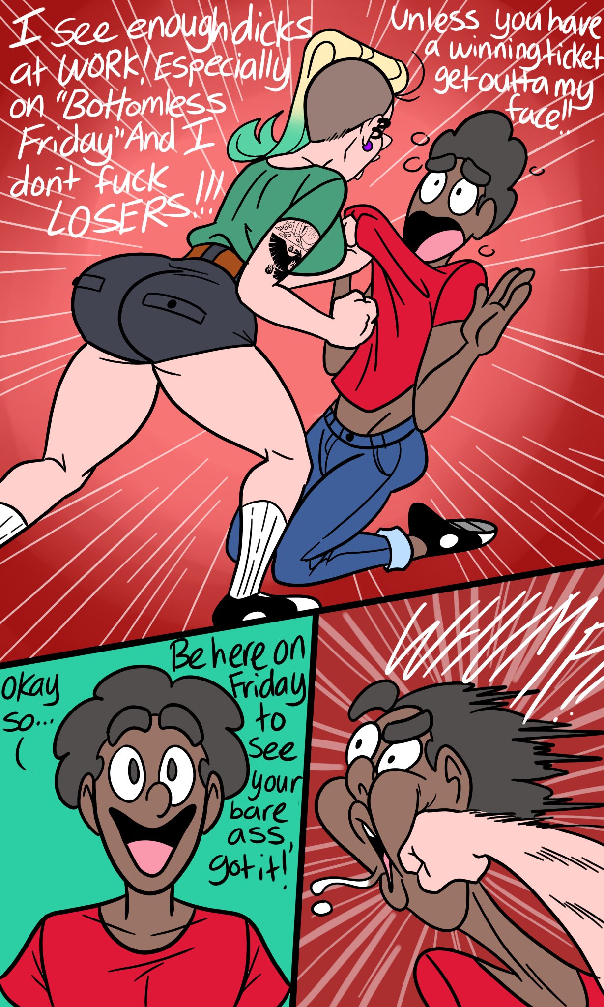 1girl amber_mccallahan_(wappah) big_ass blonde_hair caucasian_female comic dark-skinned_male english_text funny kneel male punch scared side_cut small_breasts smile socks talking tattoo threatening wappah wappah_fitzgerald_(wappah) white_socks