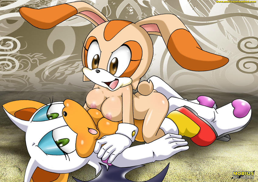 2girls abstract_background anthro ass bat bbmbbf breast_press breasts butt cream_the_rabbit cute female female_only furry lagomorph mobius_unleashed nude palcomix rabbit rouge_the_bat rubbing sega sonic_(series) sonic_the_hedgehog_(series) yuri
