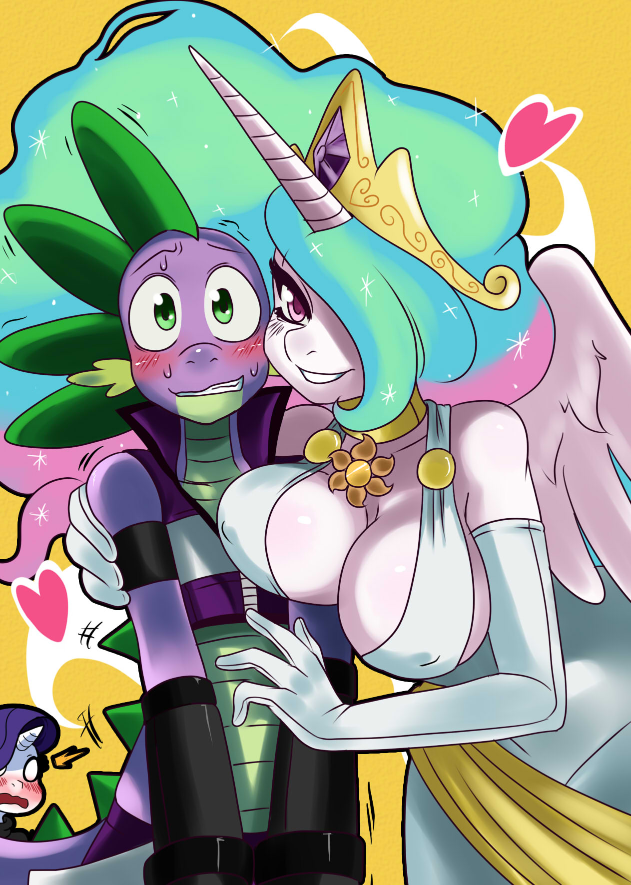 2013 anthro big_breasts blue_hair blush breasts cleavage clothed clothing collar crown dragon dress elbow_gloves equine feathers female friendship_is_magic furry gloves green_hair hair heart highres horn horse jacket long_hair male multicolored_hair multiple_horns my_little_pony open_mouth pegasus pink_eyes pink_hair pony princess_celestia princess_celestia_(mlp) purple_hair purple_skin rarity scalie smile spike sssonic2 standing sweat unicorn white_feathers white_skin winged_unicorn wings