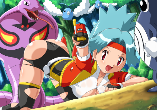 all_fours ass bent_over bike_shorts blue_hair breasts cleavage gloves headband hinata_(pokemon) lowres open_clothes open_shirt pokemoa pokemon purple_eyes shirt skin_tight soara solana spandex stockings thighhighs tight tight_clothes torn_clothes uniform